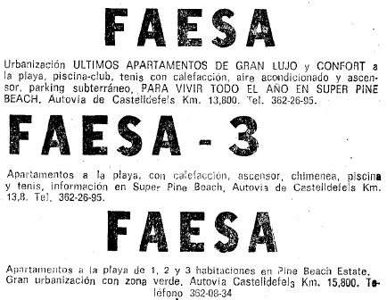 Anuncio de las diferentes fases de Pine Beach de Gav� Mar (Pine Beach Estate y Super Pine Beach) publicado en el diario La Vanguardia el 10 de Febrero de 1973